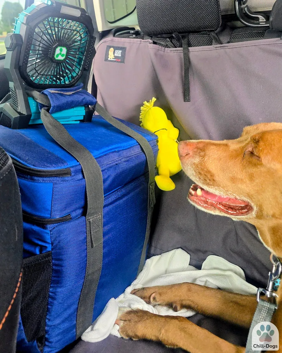 Pit bull dog in car back seat with clip-on cooling fan and travel cooler for dog road trip