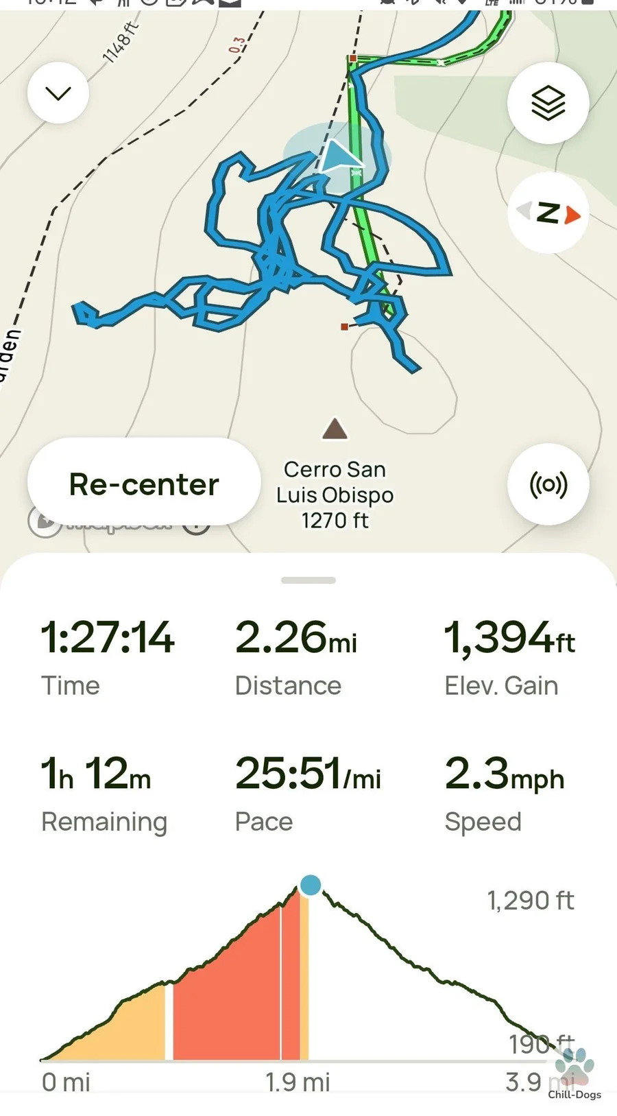 GPS track showing 30 minutes of searching across the top of Cerro San Luis Obispo in the fog