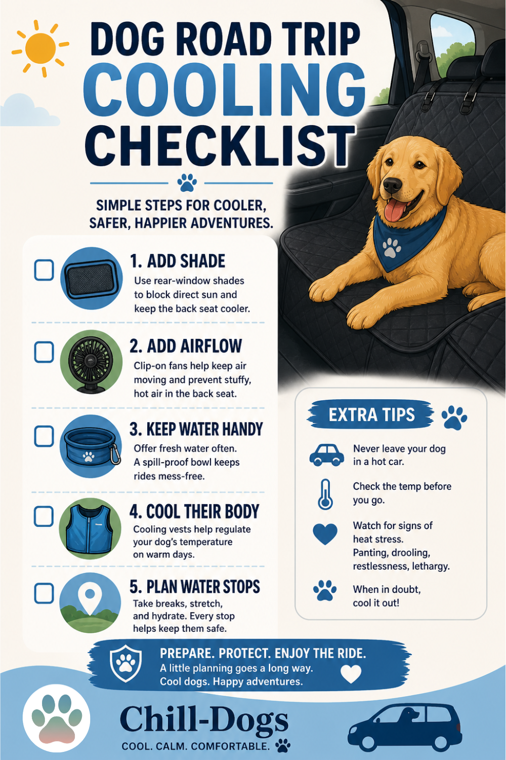 Pinterest checklist pin for dog road trip cooling with shade, airflow, water, cooling gear, and water stops.