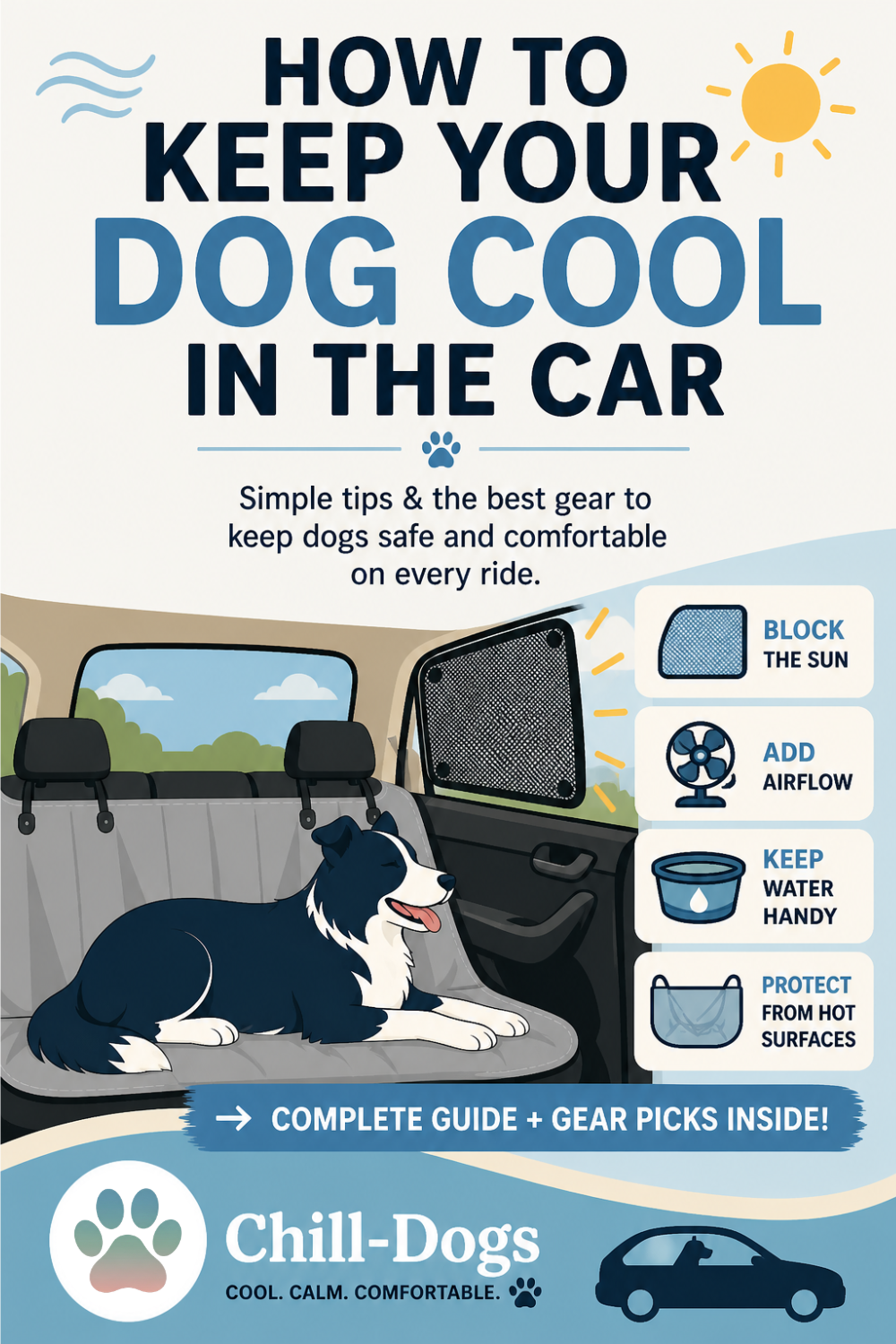 Pinterest pin for How to Keep Your Dog Cool in the Car, showing a dog resting in a shaded back seat with cooling tips.