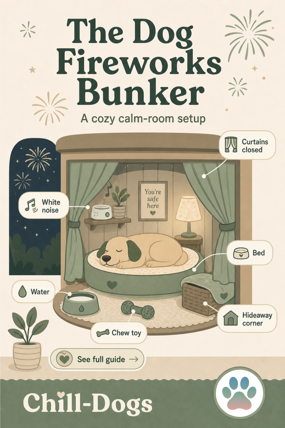 Pinterest pin: The Dog Fireworks Bunker — tips for choosing the best calm room for a dog afraid of fireworks.