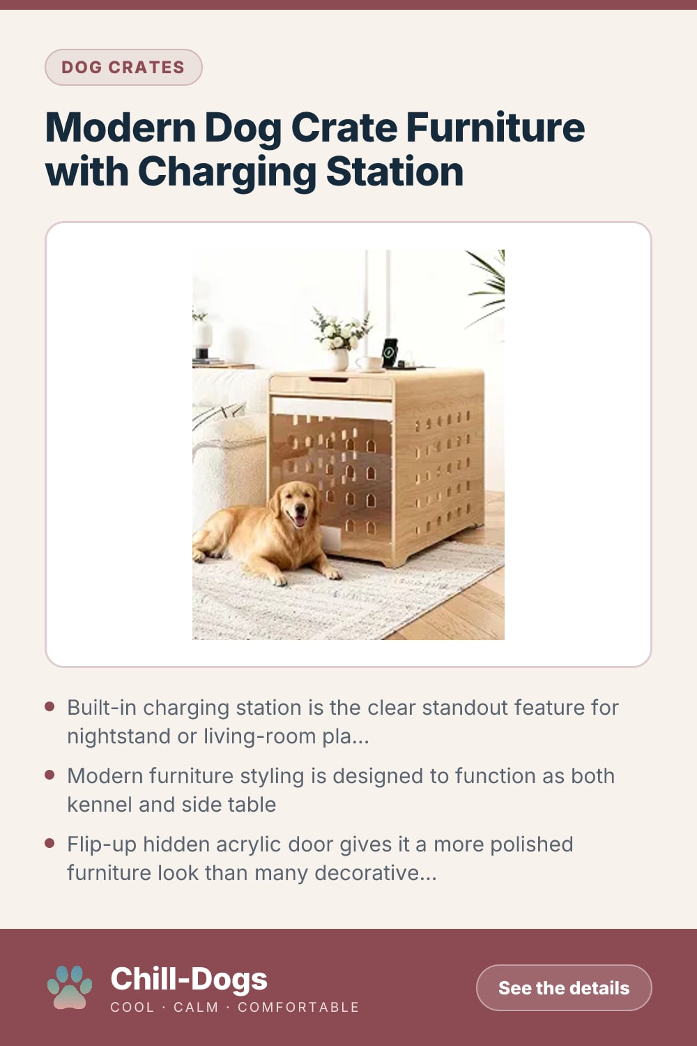 Modern Dog Crate Furniture with Charging Station — Chill-Dogs pin