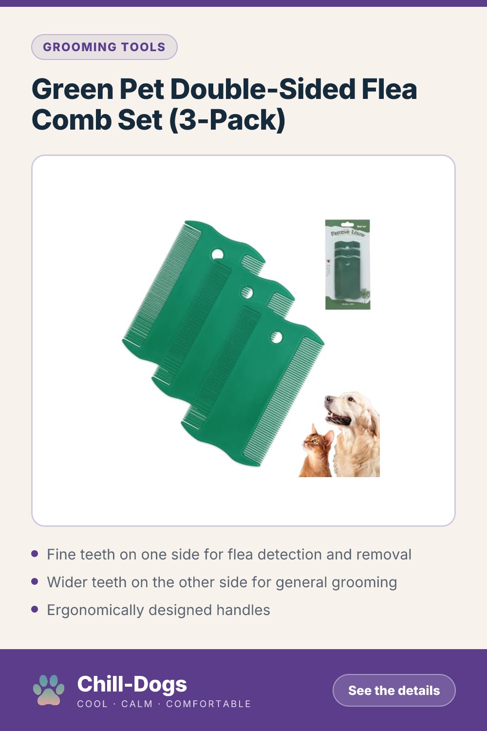 Green Pet Double-Sided Flea Comb Set (3-Pack) — Chill-Dogs pin
