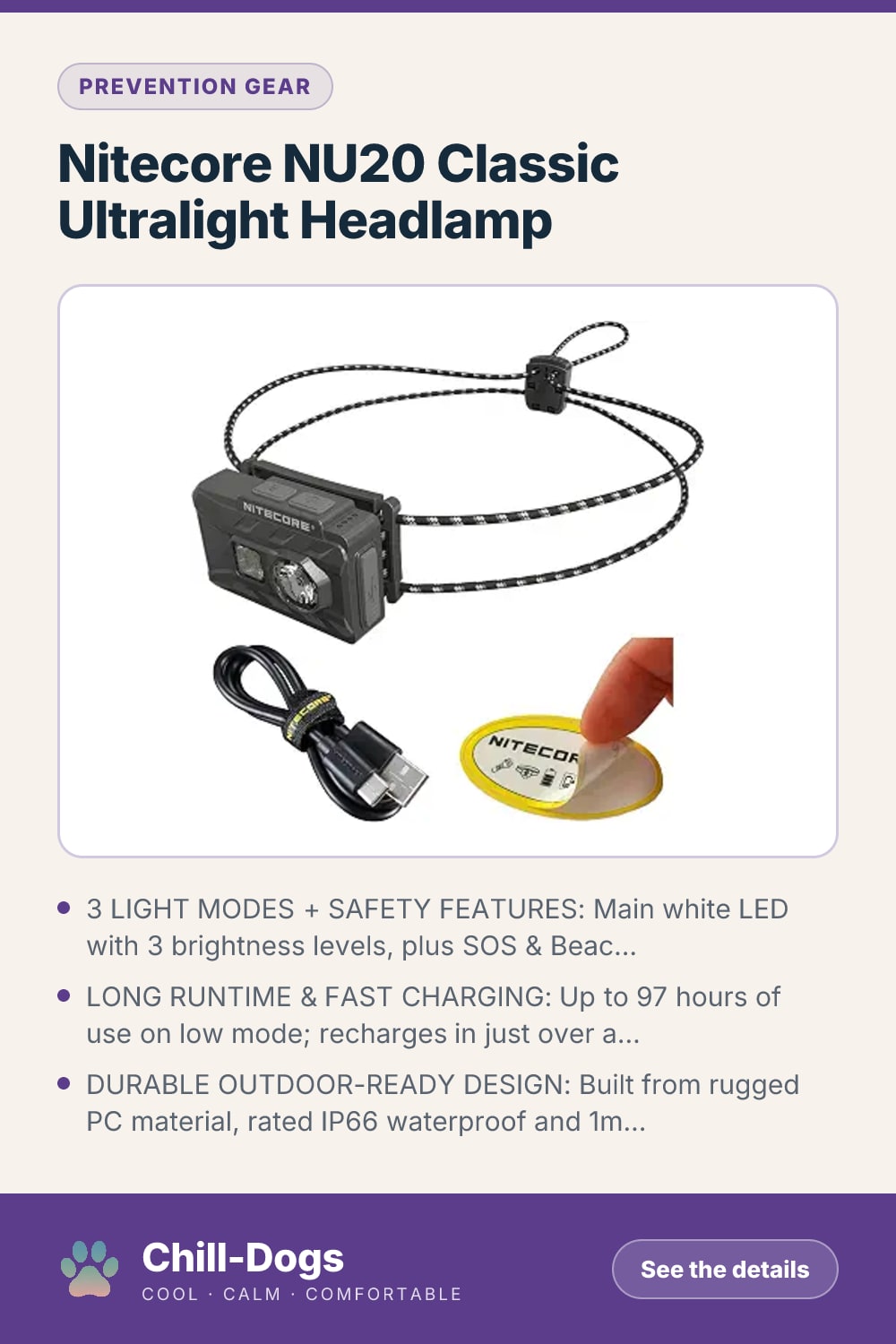 Nitecore NU20 Classic Ultralight Headlamp — Chill-Dogs pin