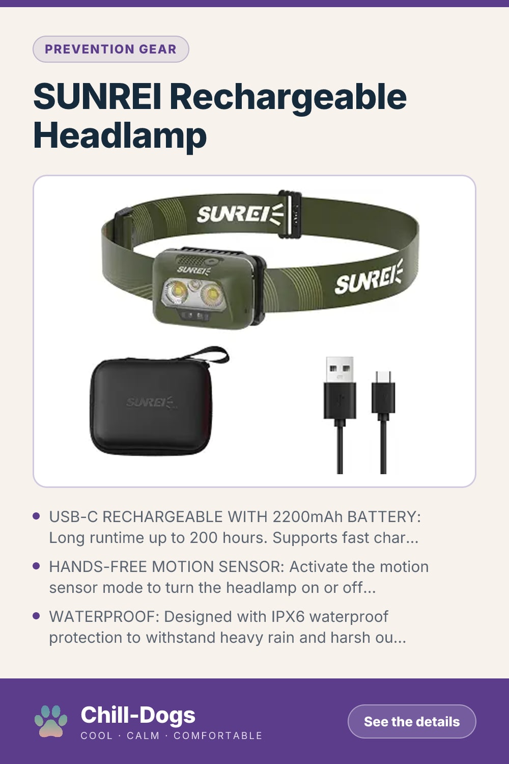SUNREI Rechargeable Headlamp — Chill-Dogs pin